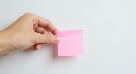Hand Placing a Soft Pink Sticky Note Against a Clean White Background