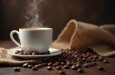 Steaming coffee cup with roasted beans on wooden table. Freshly brewed hot coffee, aroma. Breakfast concept. Caffeine drink. Warm drink, morning beverage in cafe, coffee shop.