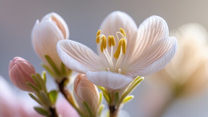 Delicate, open white flower with yellow stamen & buds, close-up, pastel tones