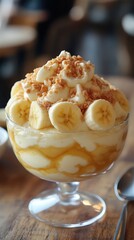 Delightful banana dessert with creamy layers and crunchy topping served in a glass bowl at a cozy cafe setting