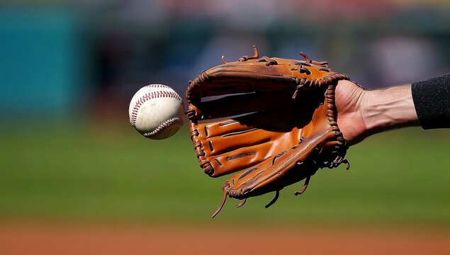A baseball player catches a ball in his glove.