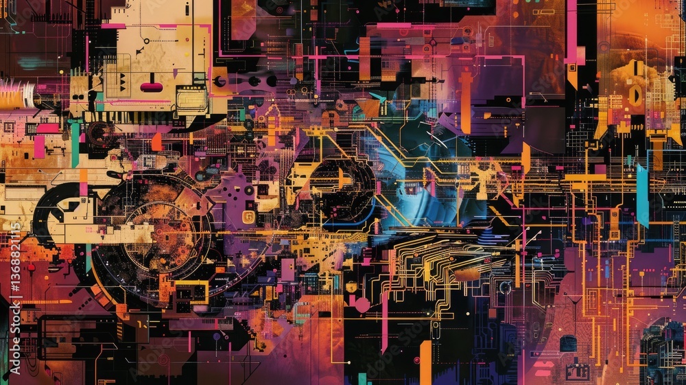 Poster this vibrant abstract artwork features intense colors and intricate patterns, blending technology wi