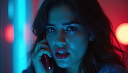 Woman answers phone call, looks worried, scared. Phone fraud, scam, phishing, cybercrime, online security concept. Stranger calls, anonymous number on mobile phone. Digital tech risk.