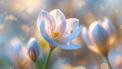 Fototapeta premium Delicate pale flower with golden bokeh, close-up, soft focus