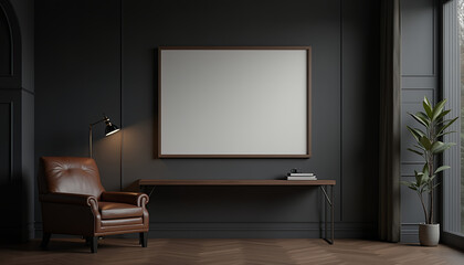 painting mockup and modern dark interior with leather chair