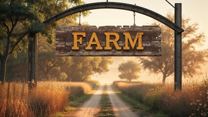 Wooden farm sign hanging over dirt road in golden hour light