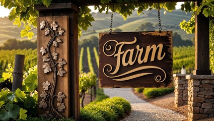 Elegant farm sign hanging at vineyard entrance with lush green hills