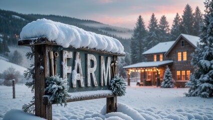 Snow-covered farm sign in winter landscape with cozy house and pine trees