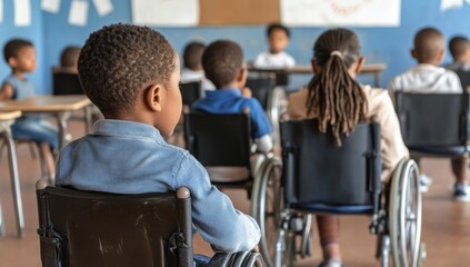 A group of children sitting in wheelchairs st school.