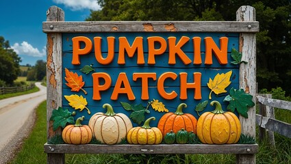 Colorful pumpkin patch sign with pumpkins and leaves on country road