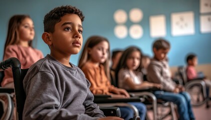 Obraz premium A group of children sitting in wheelchairs st school.