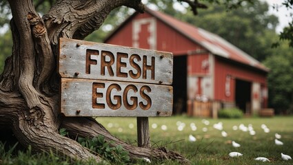 Rustic sign with “Fresh Eggs” in front of red barn and green pasture