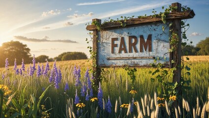 Charming farm sign surrounded by wildflowers in sunny meadow
