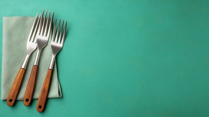 Three forks on a linen napkin against teal background