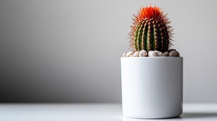 Elegant potted cactus with vibrant orange spines, a minimalist aesthetic