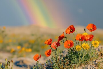 Vibrant poppies and yellow wildflowers in a field under a radiant rainbow after the rain shower.