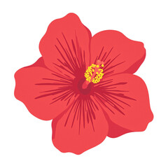 A striking flat illustration of a red hibiscus flower with yellow stamens vividly showcased on a white background