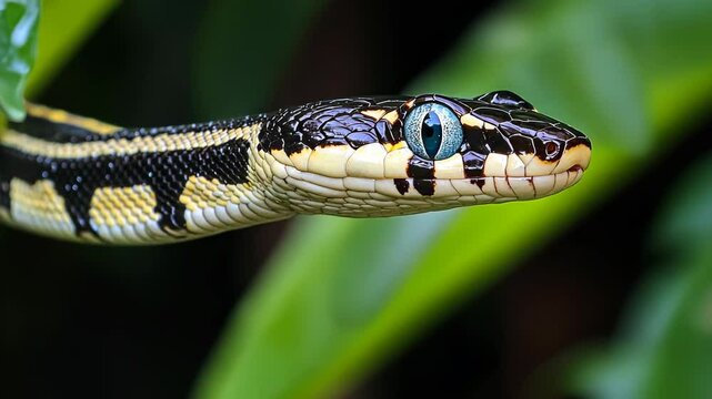 Striking green tree python observed in a lush rainforest during the afternoon