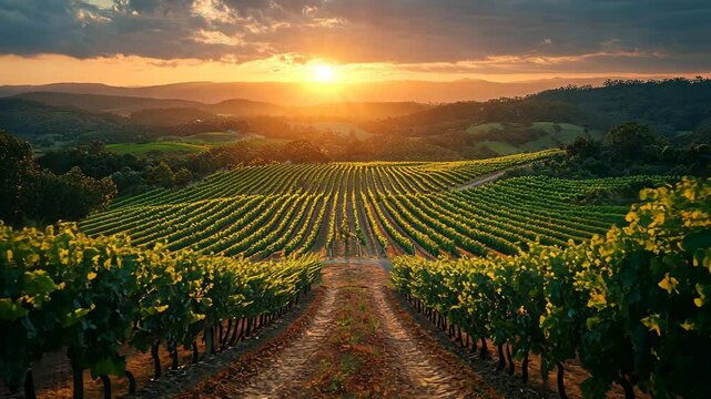 Golden sunlight bathes the vineyard as rows of lush grapevines stretch across rolling hills during a serene sunset. Nature showcases its beauty in this peaceful countryside setting.