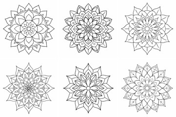 Mandala Outline Coloring Page - Line Art Drawing Set on White Background