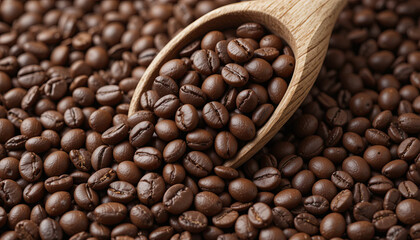 Fototapeta premium Close-up view of roasted coffee beans spilling from a wooden spoon onto a textured surface. The rich, glossy finish of the beans showcases their quality and aroma