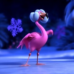 A Pink Flamingo Wearing A Fluffy Winter Hat Stands In Snow
