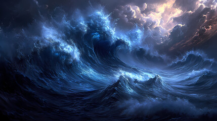 Sapphire blue waves crash dramatically on a mystical shore, ethereal mist swirling, crest, wave texture. Sapphire Mist. Illustration