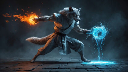 Hyper realistic Wolf Warrior Manipulating Fire and Water