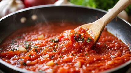 Fresh Tomato Sauce Cooking in a Pan with Wooden Spoon and Herbs
