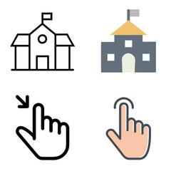 Obraz premium Minimalist School Building, Hand Cursor Click Line Icon & Color Icon Set