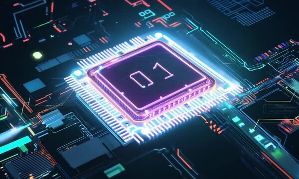 AI glowing microchip colorful computer chip processor computation power machine learning silicon hi-tech powerful imagination creativity tech technological computing progress development