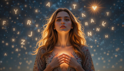 Woman with her hands on her heart and letters floating around her - Generative AI