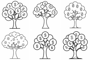 Money Tree Outline Coloring Book Page Line Art Drawing Set