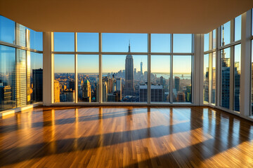 Modern Empty Office Room With Large Windows Showcasing City Skyline and Sunset View