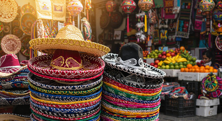 Naklejka premium Colorful sombreros stacked in a vibrant market setting 