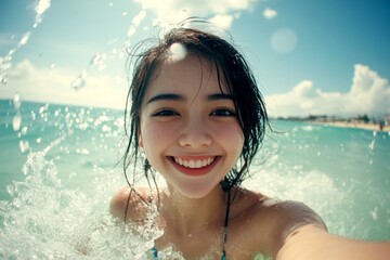 Gorgeous and hot happy asian young woman in multi-color enjoying turquoise sea, splashes around her. Bright Ñommercial style. Happy stress-free retreat getaway concept graphic design idea art.