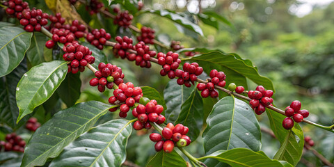 Bright red coffee cherries cluster on a green branch surrounded by leaves in a tropical plantation. The warm sunlight enhances the vibrant colors of the scene