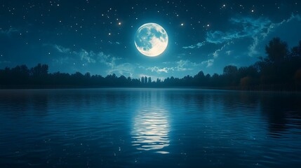 Naklejka premium Peaceful Lake at Midnight Under Massive Moon