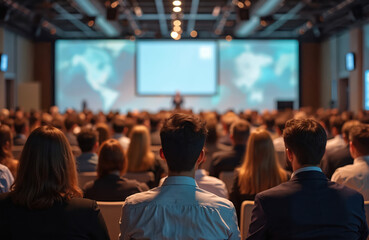 Diverse businesspeople attend global workshop in conference hall during forum. Back view of unrecognizable audience. Speaker gives presentation on large screen. Teamwork, training, business,