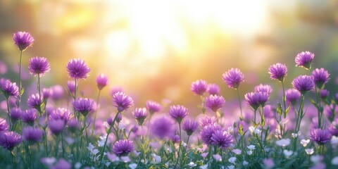 Colorful purple flowers bloom in a vibrant meadow under golden sunlight during a peaceful spring morning