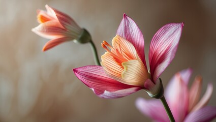 Fototapeta premium Delicate pink and orange flowers blooming with soft blurred background
