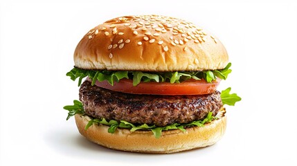 Freshly Assembled Juicy Hamburger with Vegetables on White Background