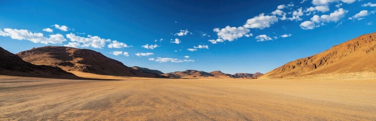 Naklejka premium Explore a stunning desert landscape featuring expansive sandy terrain, rugged mountains, and a clear blue sky filled with fluffy white clouds. Perfect for nature lovers.