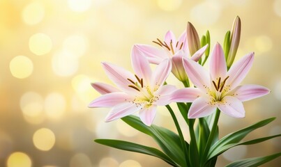 Fototapeta premium Pink lilies on a golden bokeh background for celebratory designs