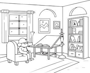 Fototapeta premium Cozy Study Room Coloring Page – Black-and-White Outline Drawing of a Peaceful Home Library with Bookshelf, Reading Chair, and Drawing Table, Fun Printable for Kids