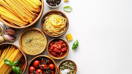 Fresh Ingredients for Italian Pasta Dish Preparation on White Surface