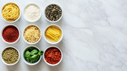 Colorful Ingredients for Italian Pasta Dishes on a Marble Surface