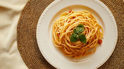 Delicious Spaghetti on White Plate with Fresh Basil Garnish