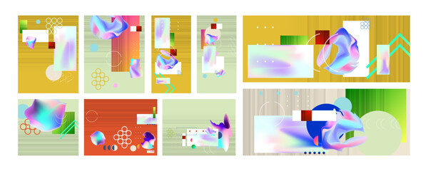 Summer Party Mixed media collage Set geometric color postcards in collage style with fluid foil of different shapes