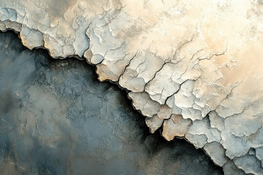 Abstract image showcasing cracked, dried terrain with light beige and dark gray hues divided by a dark jagged line.